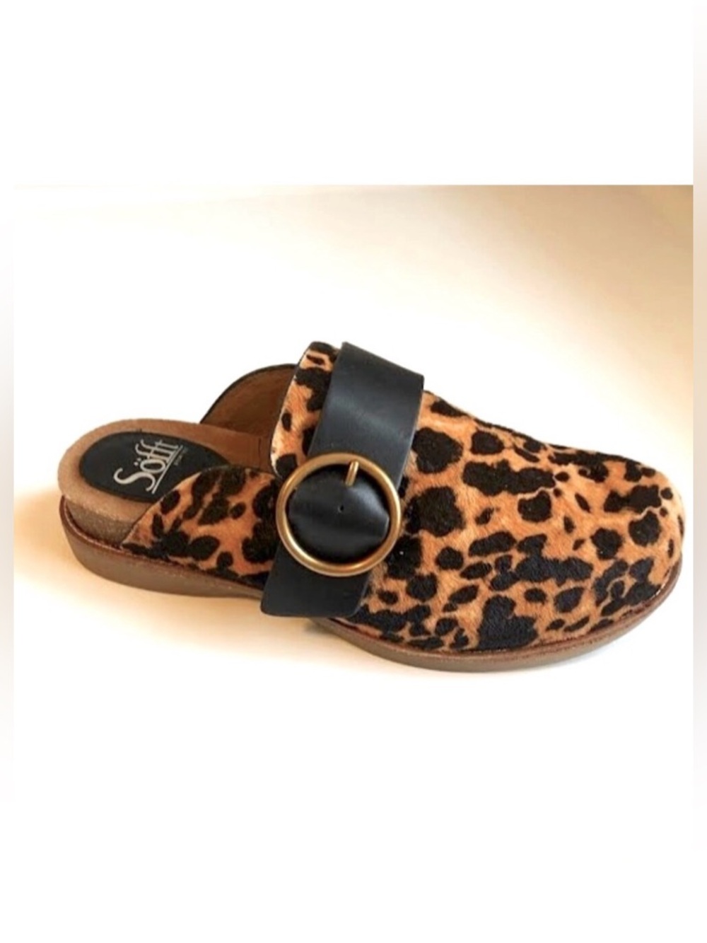 SOFFT Billie Clog Leopard Fur Black Leather Buckle Slides 7.5